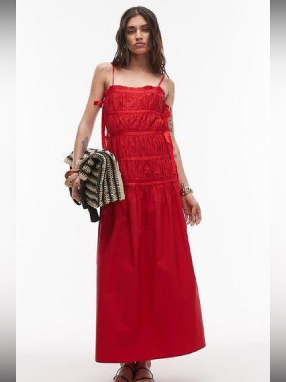 Topshop Red Ruched Ribbon Tie Strappy Maxi Dress UK 14 US 10